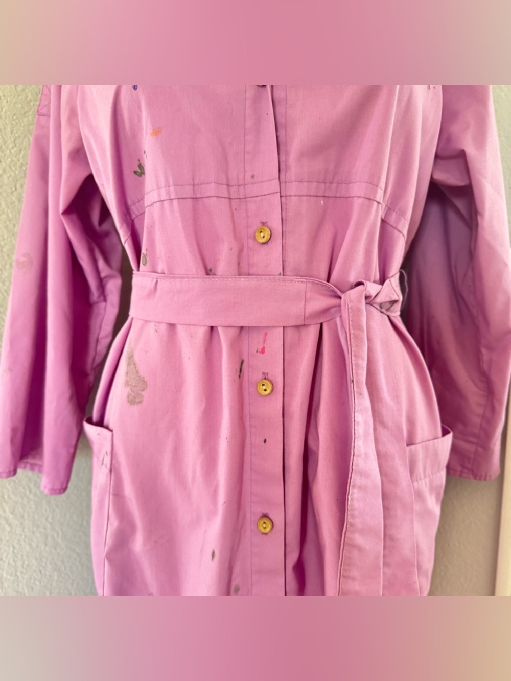Vintage Painting Smock Petrona USA Made Button Dress Tie Belt 2 Pockets - Picture 7 of 14